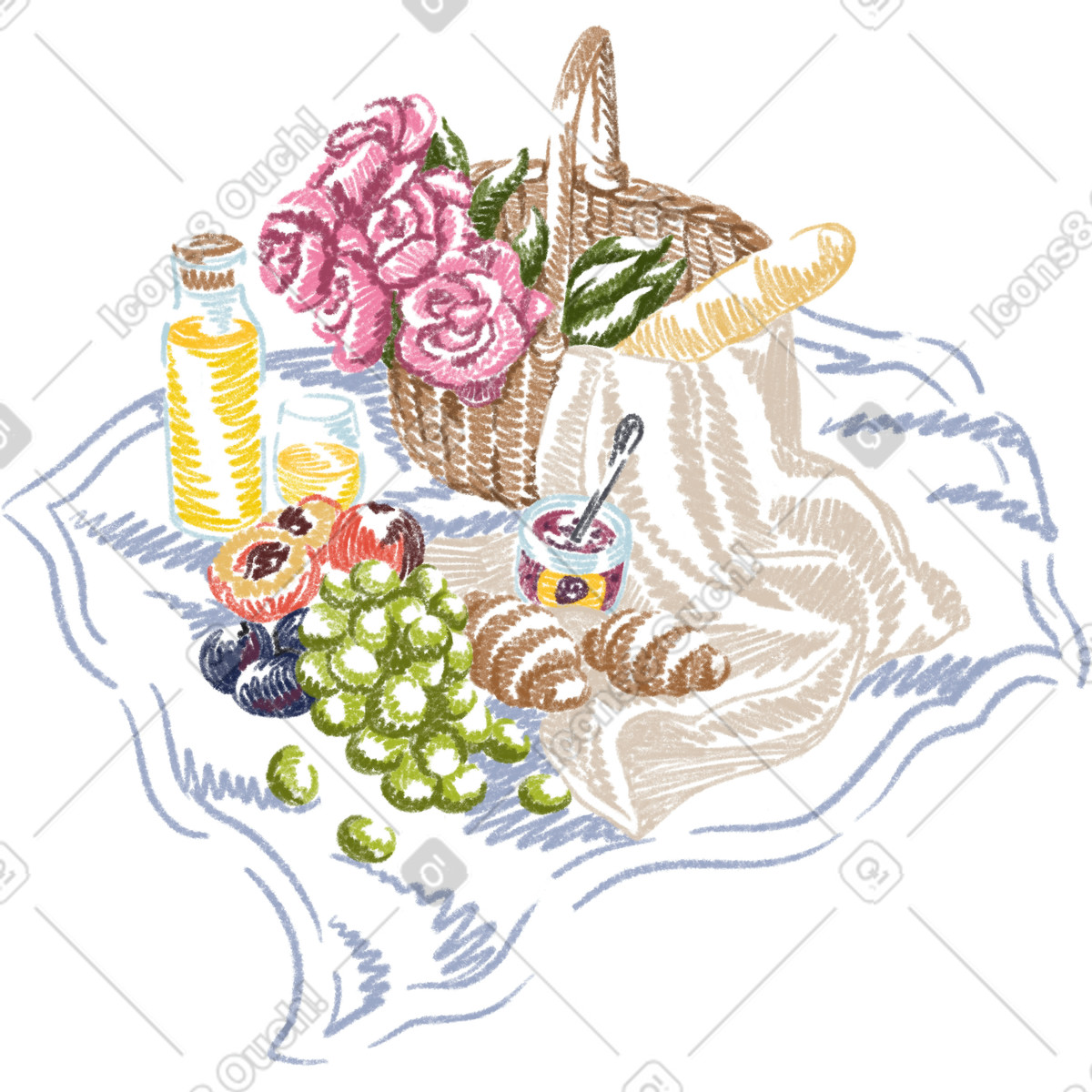 Ilustração de Basket with picnic products and tablecloth em no estilo Sketchbook para baixar em PNG, SVG