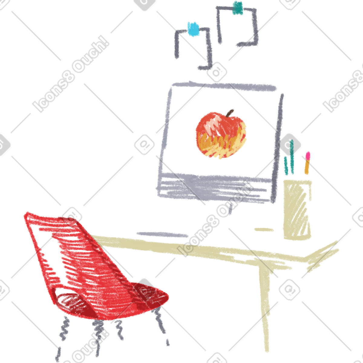 Workspace with computer and chair illustration in PNG, SVG