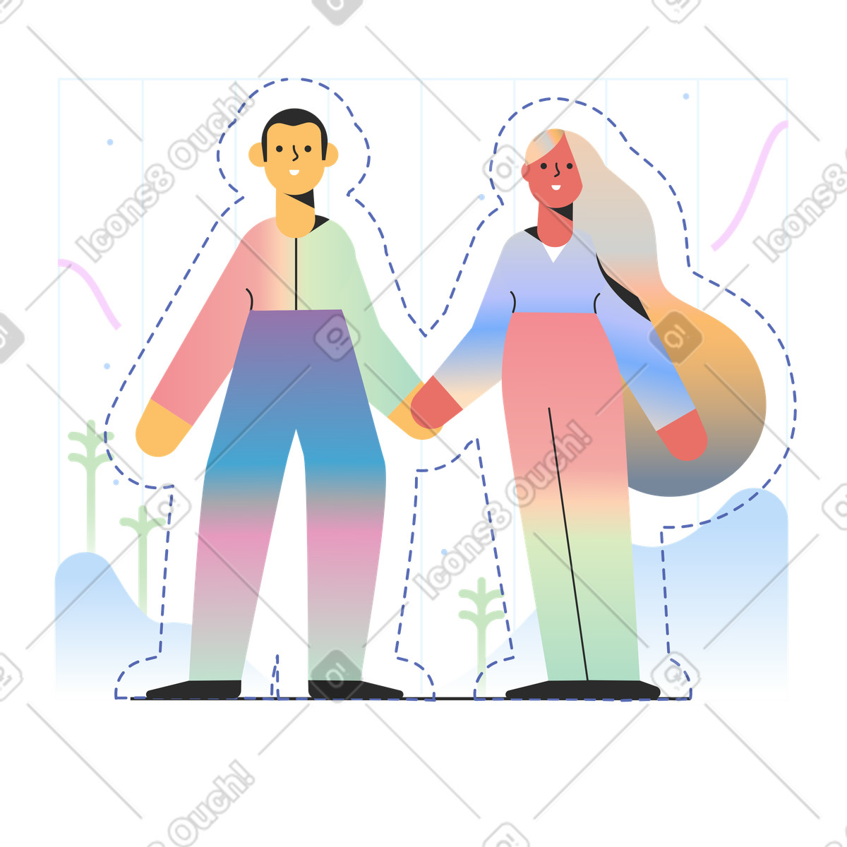 Happy couple with dashed outline holding hands illustration in Marginalia style download in PNG, SVG