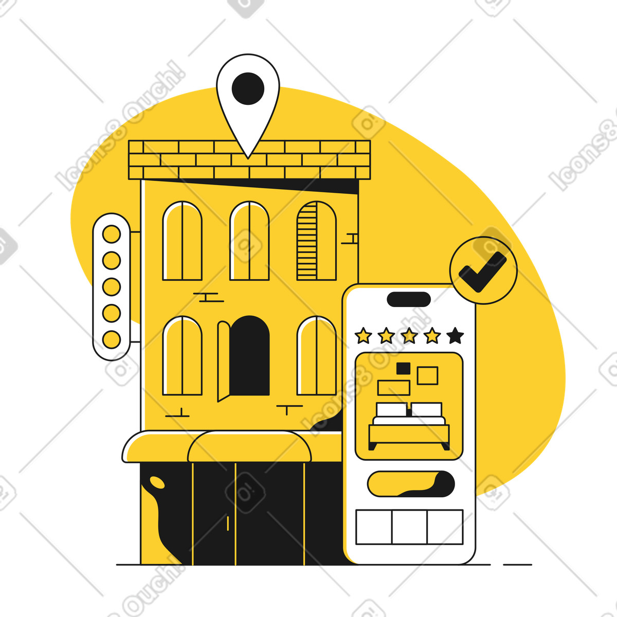 Taxi スタイルの スマートフォンアプリでホテルを予約 のイラストをPNG、SVG形式でダウンロード