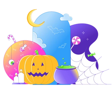 A pumpkin, cauldron, and candy in Halloween theme - Rainbow style illustration