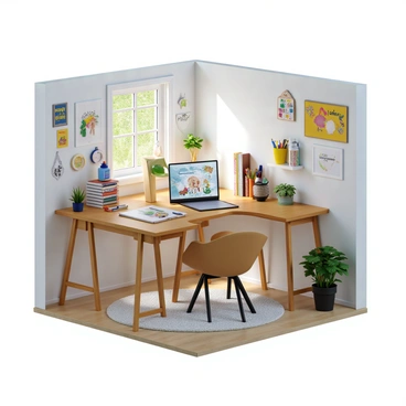 A creative home studio featuring a wooden desk cluttered with various art supplies, including paint tubes, brushes, colored pencils, and sketchbooks. A digital tablet is positioned at the center of the desk with an illustration in progress displayed on its screen. The walls are adorned with colorful art prints and inspirational quotes. A comfortable chair is placed beside the desk, and a window lets in natural light, illuminating the workspace. The floor is covered with a soft rug, and a small potted plant adds a touch of greenery to the scene.