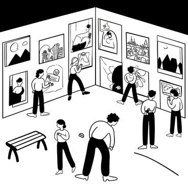 A large room filled with various famous black-and-white illustrations displayed on the walls. Each illustration features distinct scenes, such as a whimsical landscape, a detailed cityscape, and dynamic animal figures. Several touchscreens are placed throughout the exhibit, allowing viewers to learn more about each illustration and the artist behind it. People are standing in front of the illustrations, examining the details closely and engaging with the touchscreens. There are benches for visitors to sit and enjoy the surroundings, while the soft lighting highlights the intricate designs of the black-and-white illustrations.