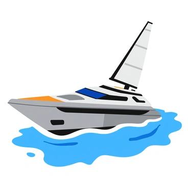 A sleek futuristic yacht with a streamlined hull gliding smoothly across the water. The yacht features shiny metallic surfaces reflecting the sunlight, and large panoramic windows showcasing the spacious interior. On deck, advanced robotic technology is integrated seamlessly, with robotic arms extending to assist in navigation and docking. The self-sailing capabilities are highlighted by an array of high-tech sensors and sails that adjust automatically to the wind. The yacht is surrounded by gentle waves, creating a dynamic, adventurous atmosphere as it sails into the horizon.