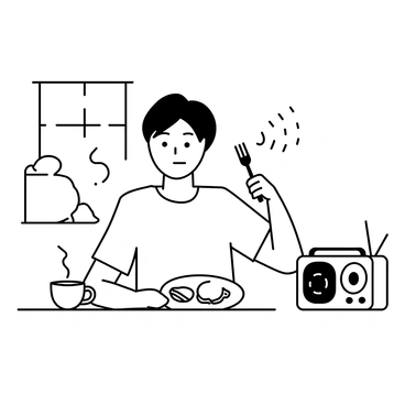 A person sitting at a kitchen table, eating breakfast. They are holding a fork in one hand and a plate with scrambled eggs and toast in front of them. A radio is placed on the table, with sound waves illustrated emanating from it. The person has short hair and is wearing a casual t-shirt. A cup of coffee is beside the plate. The morning light is filtering through a nearby window, casting shadows across the table.