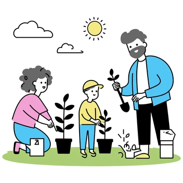 A diverse group of people, including individuals of different ethnicities, is planting trees together in a green park. The group consists of a woman with curly hair wearing a bright red shirt, a man with a beard dressed in a blue jacket, and a child in a yellow cap. Each person is holding a young sapling, preparing to plant them in the ground. Nearby, there are gardening tools such as shovels and watering cans placed on the grass. The sun is shining, and there are a few fluffy clouds in the sky above, adding to the lively atmosphere of the scene.