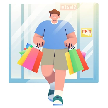A smiling customer with light skin and short brown hair is walking out of a store. They are wearing a casual blue t-shirt and khaki shorts. In their hands, they are carrying several colorful shopping bags that are filled with various purchased items. The bags are bright in colors such as red, yellow, and green. The store entrance is visible behind them, with glass doors and a sign that reads "Open." Sunlight is shining down, casting a warm glow on the scene.