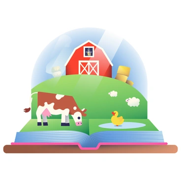 A vibrant farm scene is emerging from an open book on a wooden table. The book's pages display lush green fields and a clear blue sky. In the foreground, a brown and white spotted cow is grazing beside a cheerful yellow duck waddling near a small pond. A flock of fluffy white sheep is scattered on the hillside. Towards the back, a large red barn stands prominently, with its white doors slightly ajar, revealing hay bales inside. The sun casts gentle rays over the scene, enhancing the colors of the farm.