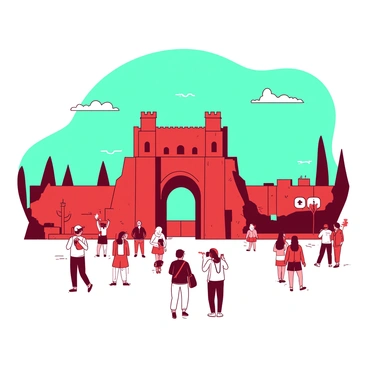 A red iconic cultural landmark in Montpellier stands prominently in the center of the image. Surrounding the landmark, there are small details such as colorful trees and people walking, adding a lively atmosphere. The sky is a bright teal, contrasting beautifully with the red landmark. In the foreground, a group of tourists can be seen taking pictures, capturing the essence of the location.