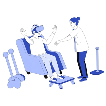 An elderly person is seated in a comfortable armchair, wearing a virtual reality headset that covers their eyes. The room is equipped with various rehabilitation tools, such as balance boards and exercise mats. The individual is reaching out with their hands, interacting with virtual objects that are visible in the headset's display. A physical therapist stands nearby, observing and providing guidance. The scene captures a sense of focus and determination on the elderly person's face as they engage in the rehabilitation exercises.