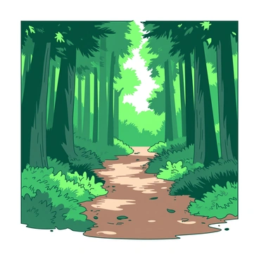 A green forest pathway is lined with tall trees that have thick trunks and lush foliage. "Dappled sunlight" filters through the leaves, casting intricate patterns of light and shadow on the ground. The pathway is covered with a mix of brown soil and scattered fallen leaves, leading deeper into the forest. On either side of the pathway, vibrant green ferns and small shrubs add texture to the scene.