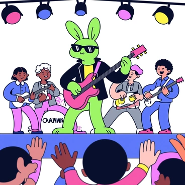 A cool grenouille with vibrant green skin is playing an electric guitar on stage. The grenouille is wearing stylish sunglasses and a black leather jacket. The guitar is bright red with shiny metallic strings. Surrounding the grenouille are several band members playing drums and bass, each with distinct outfits. Colorful stage lights illuminate the scene, creating a lively atmosphere. The audience in front is cheering and clapping, enjoying the performance.