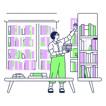 A library features rows of empty bookshelves, each shelf meticulously spaced apart. The walls are lined with large windows that allow natural light to illuminate the space. In the center, a librarian is actively searching for books, wearing a professional outfit consisting of a blouse and trousers. She is reaching up to the highest shelf with one hand while holding a stack of books in her other arm. The librarian has short hair and wears glasses, and there are a few scattered books on a nearby reading table.