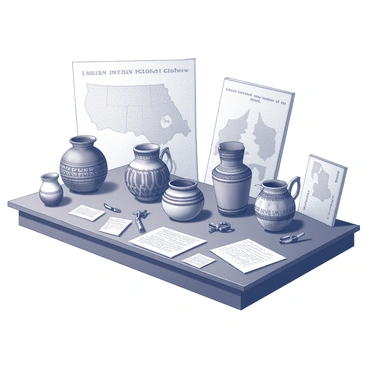 A collection of cultural artifacts displayed on a wooden table. The artifacts include traditional pottery, intricately woven baskets, and ornate jewelry, each with unique patterns and designs that reflect the heritage of Indigenous peoples. Surrounding the artifacts are remnants of handwritten notes and illustrations of historical significance. In the background, there are faded maps showing areas affected by the Indian Removal Act. The setting suggests a sense of loss and preservation, with each item holding a story from the past.