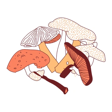 A white fabric background features a collection of intricate shiitake mushrooms created from various textured fabrics. Each mushroom is a unique shape, with detailed stitching representing the gills and caps. Shades of orange thread are used to highlight the curves and contours of the mushrooms, adding depth to their forms. The mushrooms are arranged artistically, with some overlapping slightly, creating a dynamic composition.