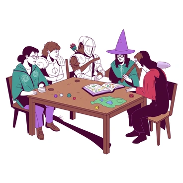 A group of five friends is gathered around a large wooden table, each dressed as distinct fantasy characters. One friend on the left is wearing a teal robe with intricate silver embroidery, holding a set of colorful dice in one hand. Next to them, another friend is clad in a white suit of armor with a sword resting on the table. The third friend, seated across from them, is dressed as an archer with a green cloak and a quiver of arrows slung over their shoulder. The fourth friend is wearing a purple wizard hat and glasses, looking at a large book filled with spells on the table. The last friend is dressed as a fierce warrior, sporting a red tunic and a fake axe propped against the chair. The room is filled with various role-playing game accessories, including maps and character sheets scattered across the table.