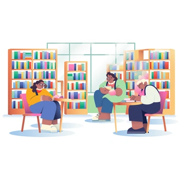 A spacious library interior is depicted with tall shelves filled with colorful books arranged in neat rows. The shelves have varying heights, some extending to the ceiling, while others are lower, creating a visually interesting landscape. Several readers are seated at wooden tables scattered throughout the space. One reader with curly hair is focused on a book, wearing glasses and a cozy sweater. Another reader with a backpack is browsing the shelves, looking for a specific title. Soft, ambient light filters through large windows, illuminating the warm wood tones of the furniture and giving the entire scene a welcoming atmosphere.