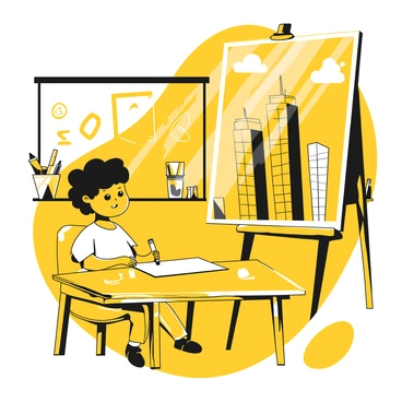 A child sitting at a wooden desk in a classroom, focused on drawing. The child is holding a crayon, creating an image of the Twin Towers on a sheet of white paper. The classroom has a chalkboard with colorful drawings on it, and various art supplies scattered around, including colored pencils and paint. Sunlight streams in through a window, illuminating the child's concentration. The child has short hair and wears a t-shirt. The Twin Towers are depicted prominently in the drawing, with a few clouds in the background.