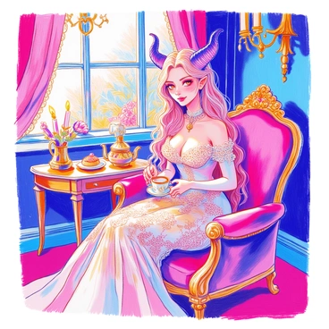 A succubus with long flowing hair and elegant horns sits in a Victorian-style parlor. She wears a lavishly detailed gown adorned with lace and intricate patterns. Her lips are curved into a mischievous smile as she holds a delicate porcelain teacup. The parlor is richly decorated, featuring a plush velvet sofa, ornate wallpaper, and a chandelier hanging from the ceiling. A small table beside her holds an ornate teapot and a plate of pastries. A faint glow of candlelight adds warmth to the scene.