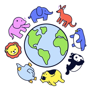 A colorful circle of diverse animals surrounding a simplified globe. The animals include a lion, an elephant, a penguin, a kangaroo, and a panda, all positioned evenly around the globe. Each animal is depicted in a minimalistic cartoon style with clear outlines and bright colors. The globe in the center features basic landmasses in green and blue, representing the Earth. The background is plain to emphasize the animals and the globe.