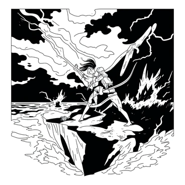 A fierce battle is occurring on a cliff edge with two combatants engaged in a struggle. The sky above is stormy, filled with dark clouds that create a dramatic setting. Lightning strikes illuminate the scene intermittently, casting sharp shadows on the rocky surface of the cliff. A fierce wind is blowing, causing the combatants' clothing to flutter wildly. In the background, the turbulent sea crashes against the base of the cliff, sending up sprays of water.