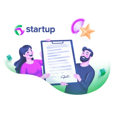 Two business partners are standing side by side, both smiling widely as they hold up a signed contract between them. The contract is prominently displayed in the foreground, featuring clear text and a signature line. Behind them, there is a large, colorful representation of their startup logo, designed with modern shapes and vibrant colors that convey a sense of innovation and teamwork. The setting is bright and inviting, emphasizing the positive energy of their partnership and the successful milestone they have achieved.