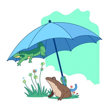 A green frog and a brown toad are holding onto a large blue umbrella that is being lifted by a strong gust of wind. The frog is perched on the edge of the umbrella with its legs dangling, while the toad is securely gripping the handle, looking determined. The umbrella is wide open, and the wind is causing it to tilt slightly. Around them, there are small colorful flowers and blades of grass being swayed by the breeze. The sky above is a light shade of teal, hinting at a clear day.