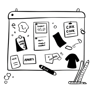 A large inspiration board filled with various sketches pinned onto the surface. There are multiple fabric clippings in different shapes and sizes, layered alongside the sketches. Concept notes with handwritten annotations are scattered across the board, some overlapping the fabric pieces. The board is positioned against a wall, giving a sense of a creative workspace. A few colorful markers and pencils are placed nearby, adding to the atmosphere of artistic creation.