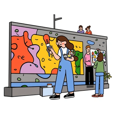 A woman with light skin and long brown hair is painting a colorful mural on a large city wall. She is wearing a white t-shirt, blue overalls, and black sneakers. There are various bright colors splashed across the mural, including reds, yellows, and blues. The wall features abstract shapes and vibrant patterns that showcase her artistic flair. She is holding a paintbrush in one hand and a palette in the other, with paint splotches on her arms and cheeks. The scene is set during a sunny day, with a few people admiring her work in the background.
