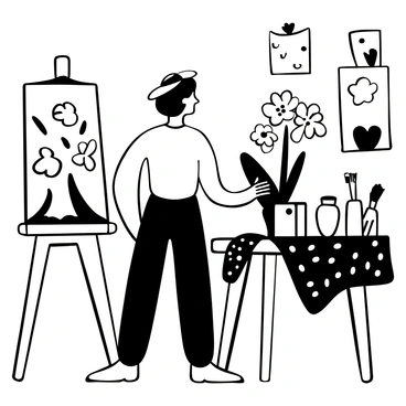 An artist standing in front of an easel, focused on painting a still life composition of "gladiolus flowers." The studio is filled with art supplies, including brushes, palettes, and several jars of water. A patterned cloth is draped over the table where the flowers are arranged in a vase, creating a contrast with the artist's work. The walls of the studio are adorned with sketches and completed paintings, enhancing the creative atmosphere.