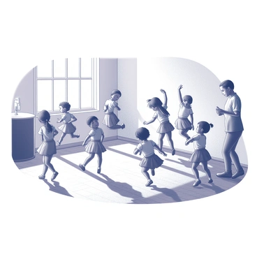 A room filled with young children engaged in a dance class. The children, dressed in colorful dance outfits, are moving energetically across the wooden floor. Some are leaping into the air while others are twirling or performing simple dance steps. A music speaker is positioned in the corner, suggesting lively music is playing. An instructor is leading the class, demonstrating movements and encouraging the children. Bright sunlight streams in through large windows, illuminating the joyful scene.