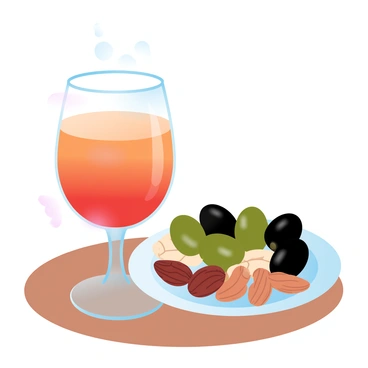 A glass of negroni sits on a polished wooden table, showcasing its vibrant orange and red hues. Beside the glass is a small plate filled with an assortment of gourmet olives in various shades of green and black, glistening with olive oil. Accompanying the olives are mixed nuts, including almonds, cashews, and walnuts, with their natural colors and textures prominently displayed. A subtle sheen of light reflects off the glass and plate, creating an inviting atmosphere.