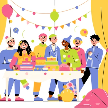 A whimsical scene depicting a "Who" family gathered in a vibrant room filled with quirky holiday decorations. The family members, each with unique and exaggerated features, are wearing colorful, mismatched outfits. Balloons in various shapes and sizes float around, and the walls are adorned with brightly colored garlands and ornaments. A large table is set with an array of festive treats, including strange-looking cakes and oversized sweets. The atmosphere is lively as the family smiles and interacts, embodying the spirit of joy and celebration.