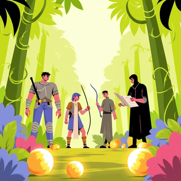 A group of four adventurers stands in an exotic, mysterious forest filled with tall, vibrant green trees. The first adventurer is a muscular warrior wearing armor, holding a sword at his side. The second adventurer is a clever mage, wearing a long robe, casting a spell with a glowing orb in her hand. The third adventurer is a nimble archer, crouched with a bow drawn, surveying the surroundings. The fourth adventurer is a skilled rogue, wearing a dark cloak, examining a map intently. In the foreground, scattered on the ground are glimmering Dragon Balls, radiating a soft golden light. The atmosphere is rich with oversized, colorful flowers and twisting vines, creating a sense of adventure and wonder.