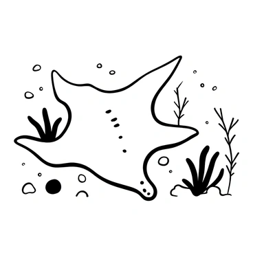 A stingray lying flat on the ocean floor, with its wings spread out wide. The texture of the stingray's body is detailed, showcasing its smooth surface. Surrounding the stingray are small pebbles and patches of sand, creating a natural ocean floor environment. There are delicate seaweeds gently swaying nearby, adding to the underwater scene. The overall composition is arranged to highlight the stingray's unique shape and the intricacies of its anatomy.