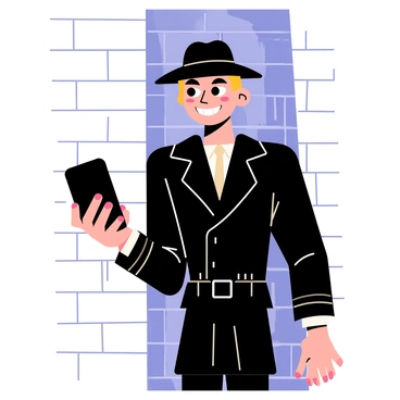 A person wearing a dark trench coat and a wide-brimmed hat, peering around a corner with a sly grin on their face. The person is holding a black smartphone in one hand, while the other hand is partially hidden behind the corner. Shadows play around them, adding to the sense of secrecy. The background features a brick wall, creating an urban setting.
