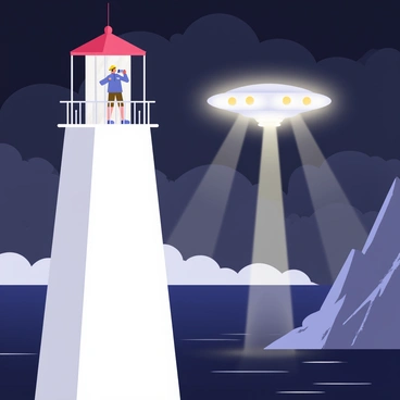 A lighthouse keeper stands on the balcony of a tall, white lighthouse with a red roof. He wears a blue raincoat and a yellow hat, peering through binoculars towards the horizon. The sky is a deep navy blue, filled with thick patches of gray fog, creating a mysterious atmosphere. A bright, glowing UFO with circular lights hovers just above the water, casting a beam of light down onto the dark waves. The shoreline is barely visible, shrouded in mist, with rocky cliffs in the background and the faint outline of trees. The lighthouse beams a powerful light into the fog, contrasting with the UFO's glow.