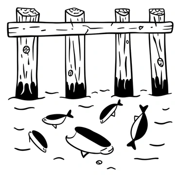 A group of anchovies swimming in a fluid motion around the weathered wooden pillars of an old beach pier. The pillars are partially submerged in the water, showing signs of wear with barnacles attached to them. The water surface ripples gently, reflecting the shapes of the fish. Some anchovies are closer to the surface, while others swim deeper, creating a dynamic scene.