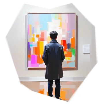 A solitary figure, dressed in a dark coat, stands in front of a large, colorful painting displayed in an art museum. The figure has short hair and appears deeply focused, leaning slightly forward as they examine the intricate details of the artwork. The painting features vibrant colors and dynamic brushstrokes, drawing the viewer's eye through its complex imagery. The museum's white walls provide a stark contrast to the vivid colors of the painting, while soft lighting illuminates both the artwork and the figure.