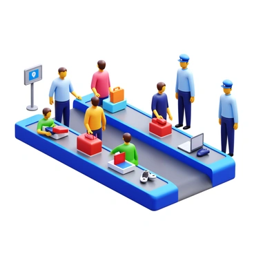 A security checkpoint with a conveyor belt. Several people are placing their belongings, such as bags, laptops, and shoes, into trays for inspection. Security personnel are standing nearby, monitoring the process. The area is well-lit and organized, with clear signage indicating the inspection procedure.