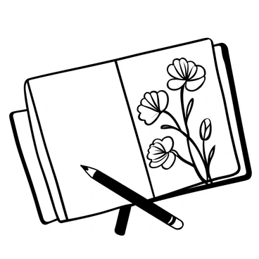An artist's sketchbook open to a page of pencil drawings of geraniums