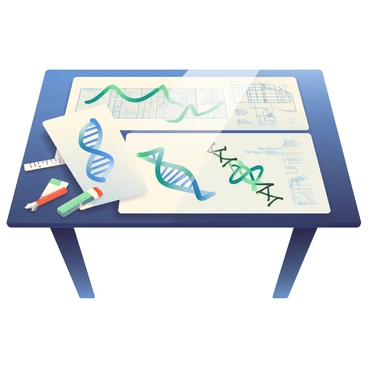An architect's table made of dark wood is covered with various blueprints. The blueprints feature intricate designs of DNA sequences, showcasing detailed double helix structures in shades of blue and green. Next to the DNA plans are architectural schematics for protein structures with labeled diagrams and annotations. A set of drafting tools, including a ruler and a compass, lies neatly beside the blueprints. The table is positioned under a bright light that illuminates the paper, highlighting the complexity of the designs.