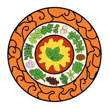 A circular mandala design featuring intricate patterns. The outer layer consists of stylized flames in vibrant oranges and reds, elegantly curling and intertwining. Inside, various herbs commonly used in fire cider, such as peppercorns, garlic, and horseradish, are depicted in detailed, vibrant green shades. Each herb is arranged symmetrically, radiating from the center of the mandala. The background is left simple to emphasize the complexity of the mandala's patterns and the rich colors of the flames and herbs.