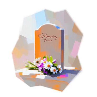 A simple wooden grave marker stands upright, featuring a carved name at the top in elegant lettering. The wood is weathered, showcasing a natural brown hue with subtle grain patterns. In front of the marker, there is a small bouquet of fresh wildflowers, including delicate daisies and vibrant violets, arranged neatly. The flowers are tied together with a thin ribbon, and the soft petals contrast against the rough texture of the wooden marker. The scene is peaceful and respectful, capturing the essence of remembrance.
