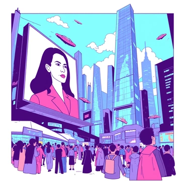 A vibrant futuristic cityscape filled with towering skyscrapers made of reflective glass and metal. In the foreground, a large holographic billboard displays a detailed image of a prominent female leader, her expression confident and inspiring. The billboard emits bright lights that illuminate the surroundings. Below the billboard, a bustling street scene is alive with diverse crowds of people, some looking up at the hologram in admiration. Flying vehicles zip through the sky, adding to the dynamic atmosphere of the city. The skyline is a blend of intricate architectural styles, showcasing advanced technology and innovation.