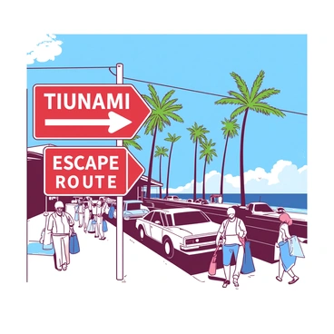 A red tsunami escape route sign is prominently displayed on a white pole along a busy coastal street. The sign features bold white arrows indicating the direction of the escape route. In the background, there are people walking along the sidewalk, some carrying beach gear, while cars are parked on the side of the street. The scene captures a clear blue sky above, with vibrant green palm trees lining the road.