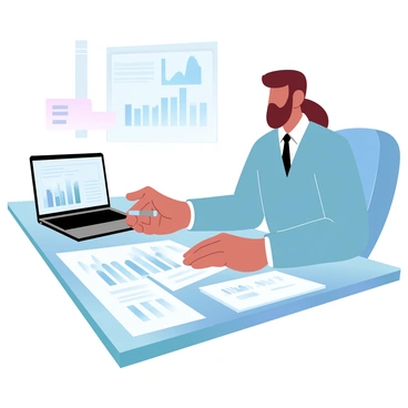 A professional in business attire is seated at a sleek desk, focused on analyzing financial reports spread out in front of them. The reports feature various graphs and charts, including bar graphs and line charts, indicating financial trends. A laptop sits open beside the documents, displaying a detailed financial overview. Bright light illuminates the workspace, casting soft shadows on the papers. A pen is clutched in one hand as the professional makes notes on a notepad. In the background, a bulletin board displays additional data and notes related to the proposal.