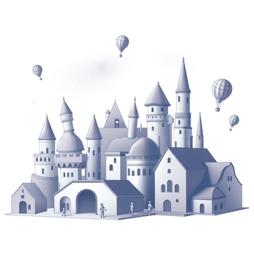 A mural depicting a detailed cityscape. The city features a variety of fantastical buildings with unique architectural designs, including towers, domes, and spires. Above the city, several balloons are floating in the air, each with different shapes and patterns. The scene is bustling with activity, as small figures walk along the streets, interacting with the whimsical environment around them. The sky is filled with a sense of wonder, enhanced by the magical elements of the city.