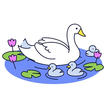 A mother swan gliding gracefully on a lush pond. The swan has white feathers that shimmer in the sunlight. Surrounding her are four fluffy cygnets, each with soft gray downy feathers. The pond is filled with green lily pads and vibrant flowers. There are gentle ripples in the water created by the movement of the swan and her cygnets.