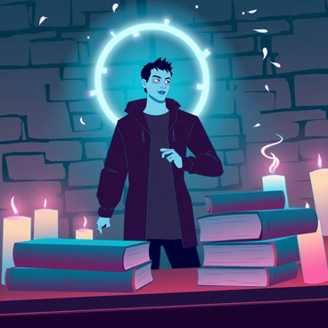 Lucifer stands in a dimly lit chamber, his presence commanding attention. He has striking features with sharp cheekbones and deep-set eyes that glow faintly. Flickering candles cast dancing shadows on the stone walls, illuminating the room with a warm, golden light. Ancient tomes are stacked haphazardly on a dark wooden table, their leather bindings worn and pages yellowed with age. The air is thick with the scent of wax and old parchment, enhancing the mysterious atmosphere. A faint halo of ethereal smoke spirals around him, adding an otherworldly element to the scene.